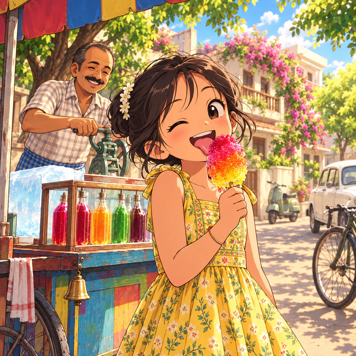 A joyful illustrated childhood scene at a colourful ice gola cart