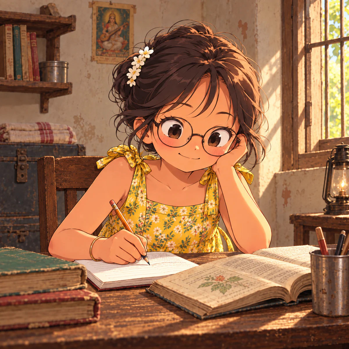 An illustrated young student reading and writing beside a sunlit window