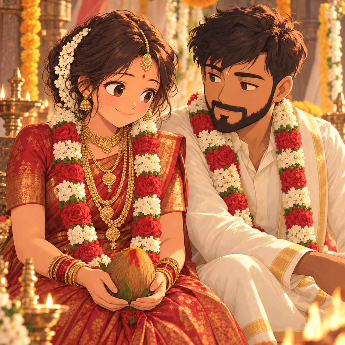An illustrated wedding portrait of Maa and Dad