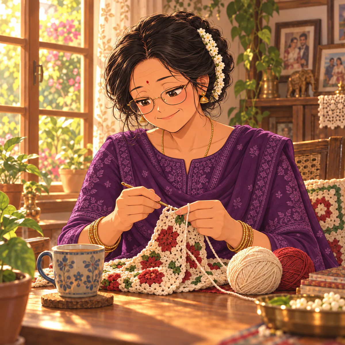 An illustrated portrait of Maa crocheting at a sunlit table