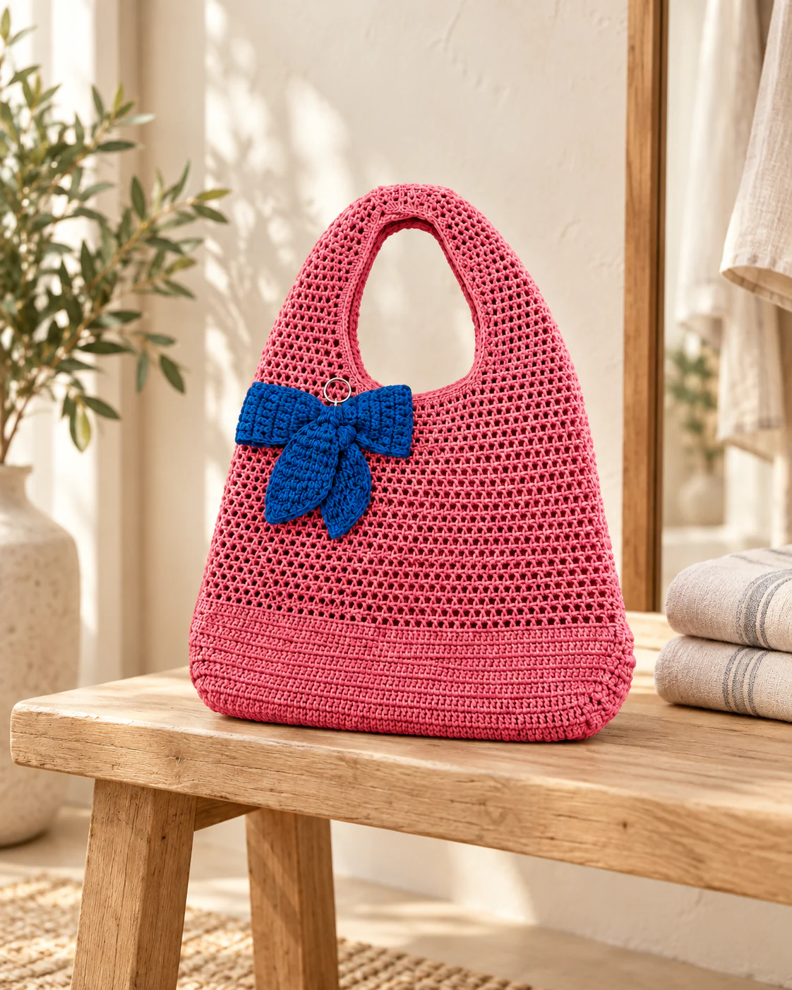 Coral pink crochet tote with blue bow