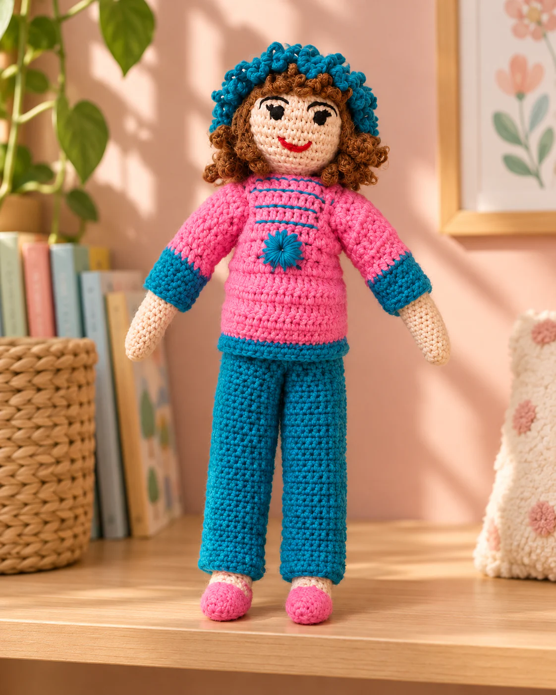 Curly-haired pink crochet doll