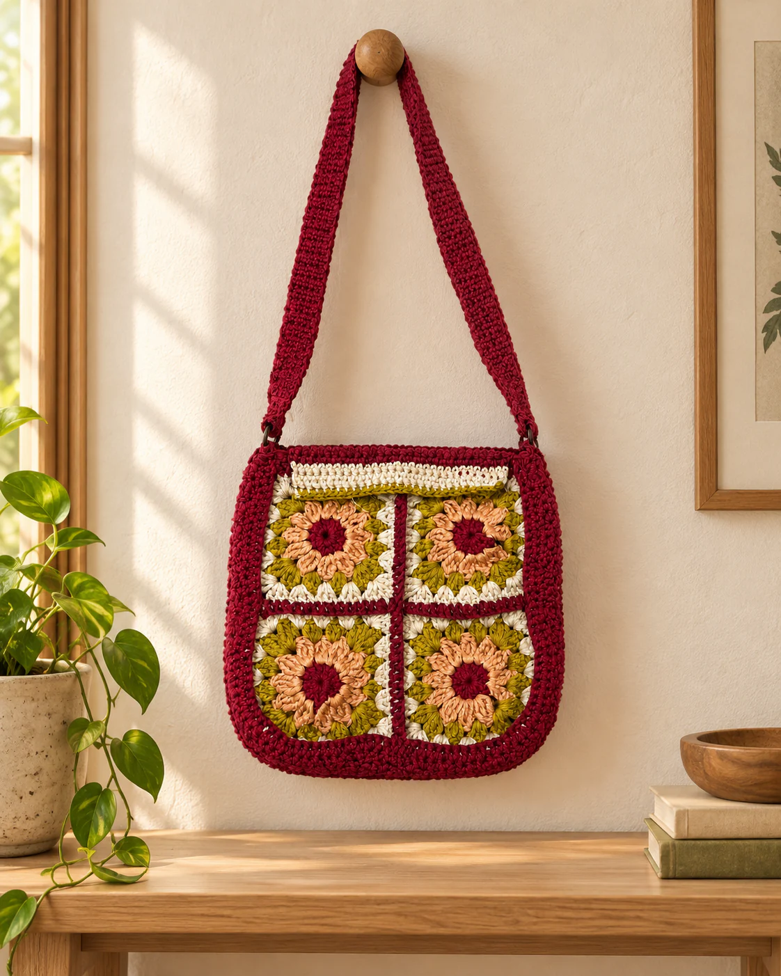Maroon granny square crochet sling