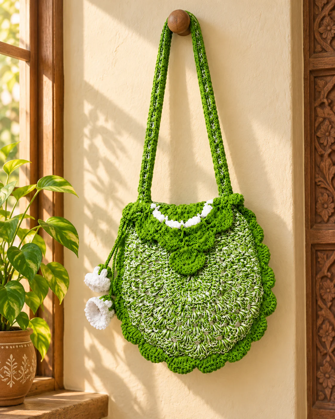 Green lily-bell crochet bag