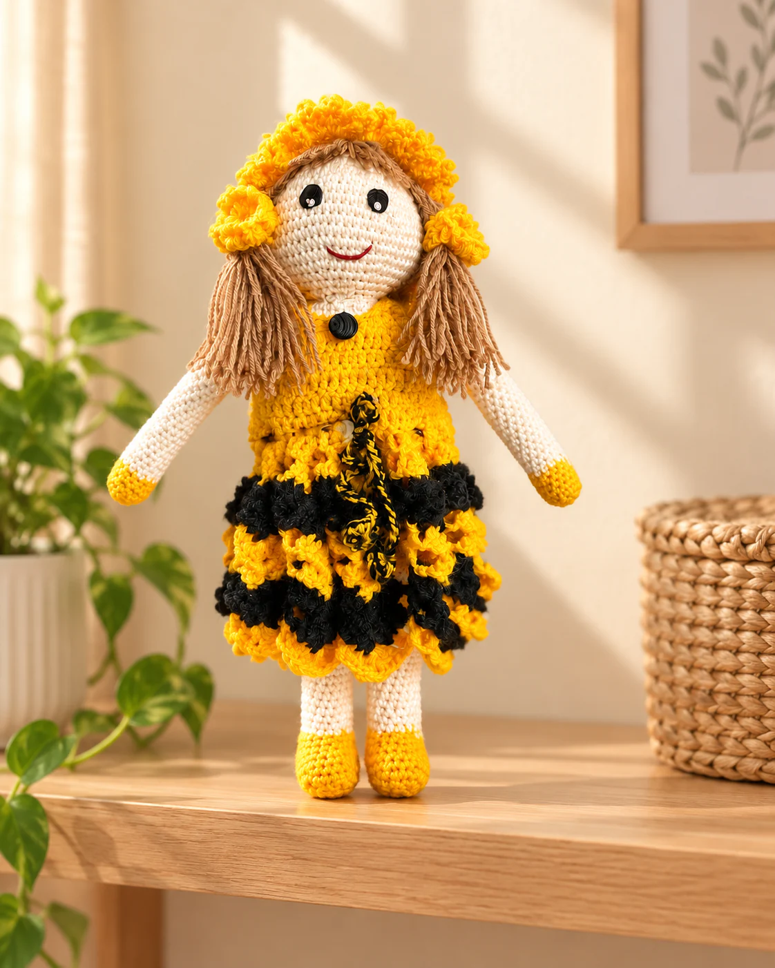Yellow bumblebee crochet doll