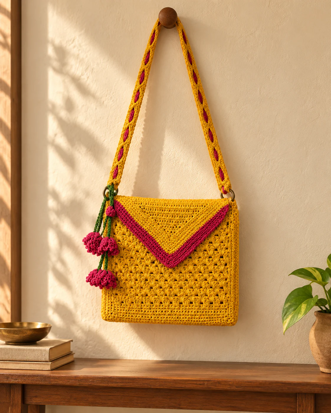 Mustard and pink floral crochet sling