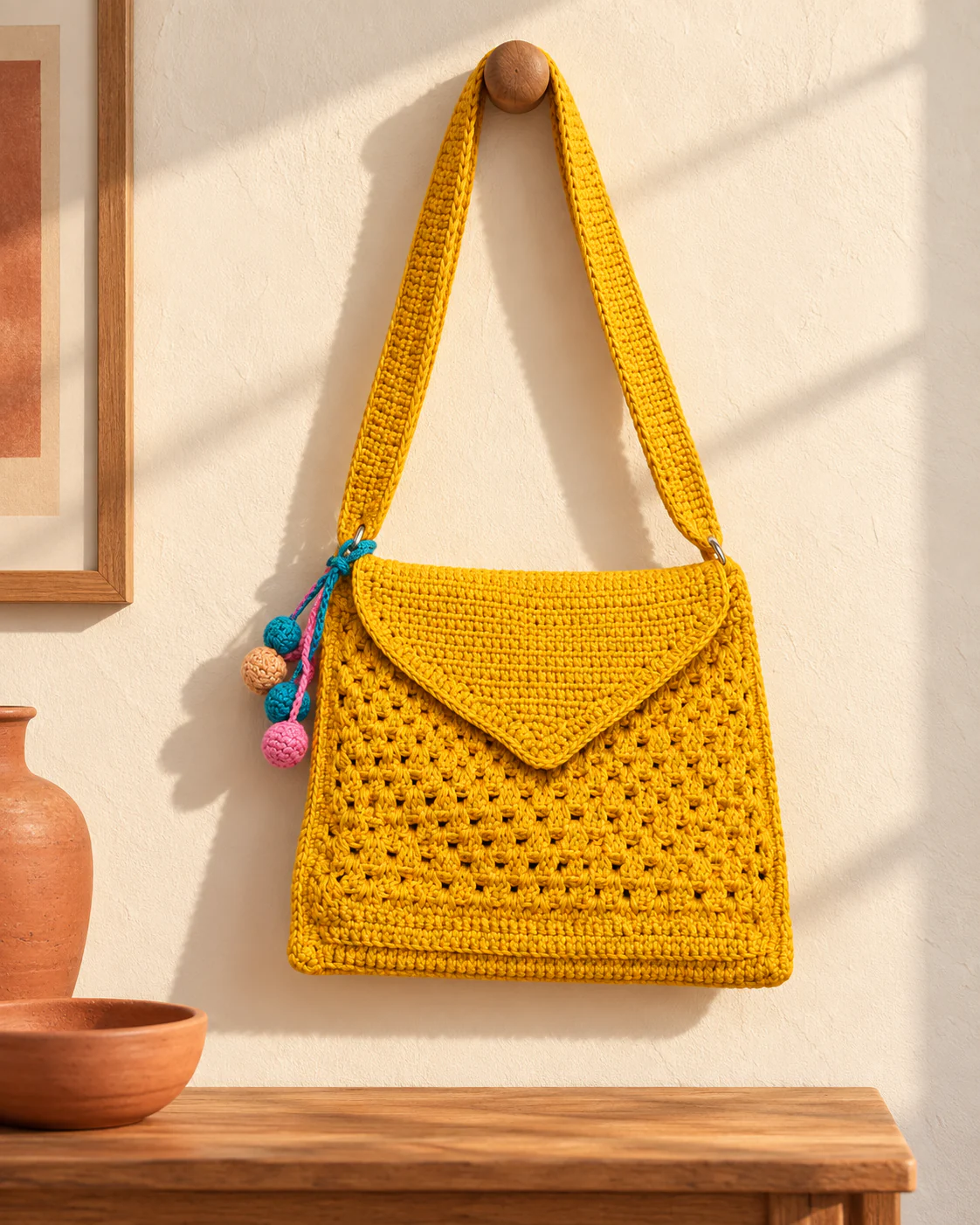 Pom-pom crochet sling bag