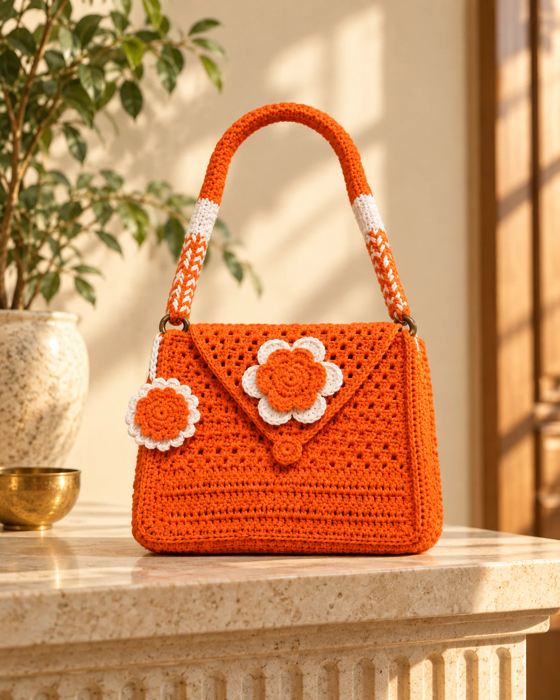 Orange flower crochet handbag