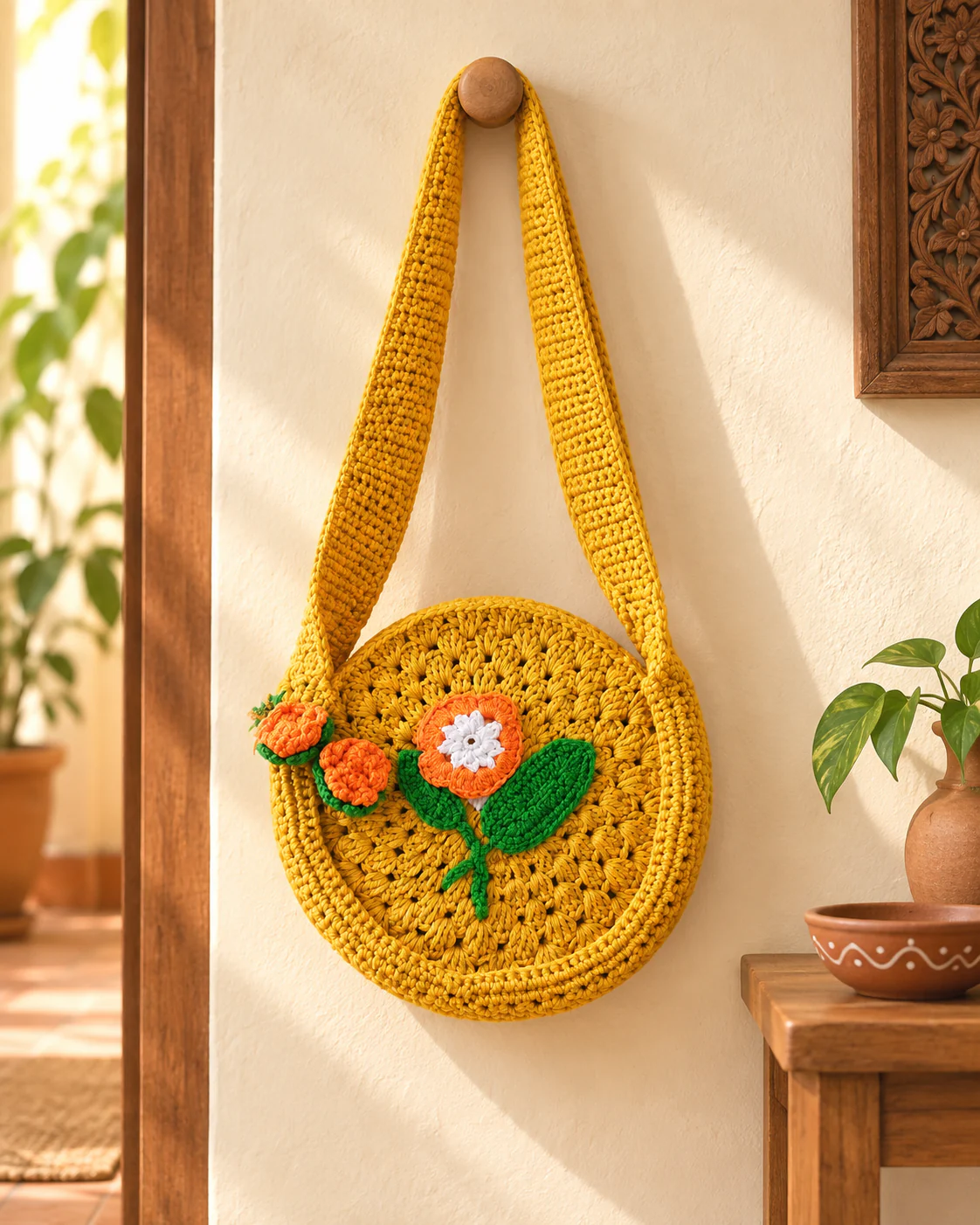 Mustard floral crochet sling bag
