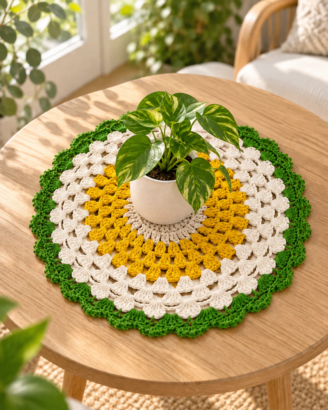 Yellow and green crochet table mat