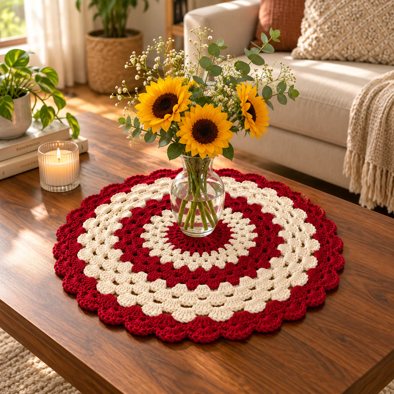 Maroon and cream crochet table mat